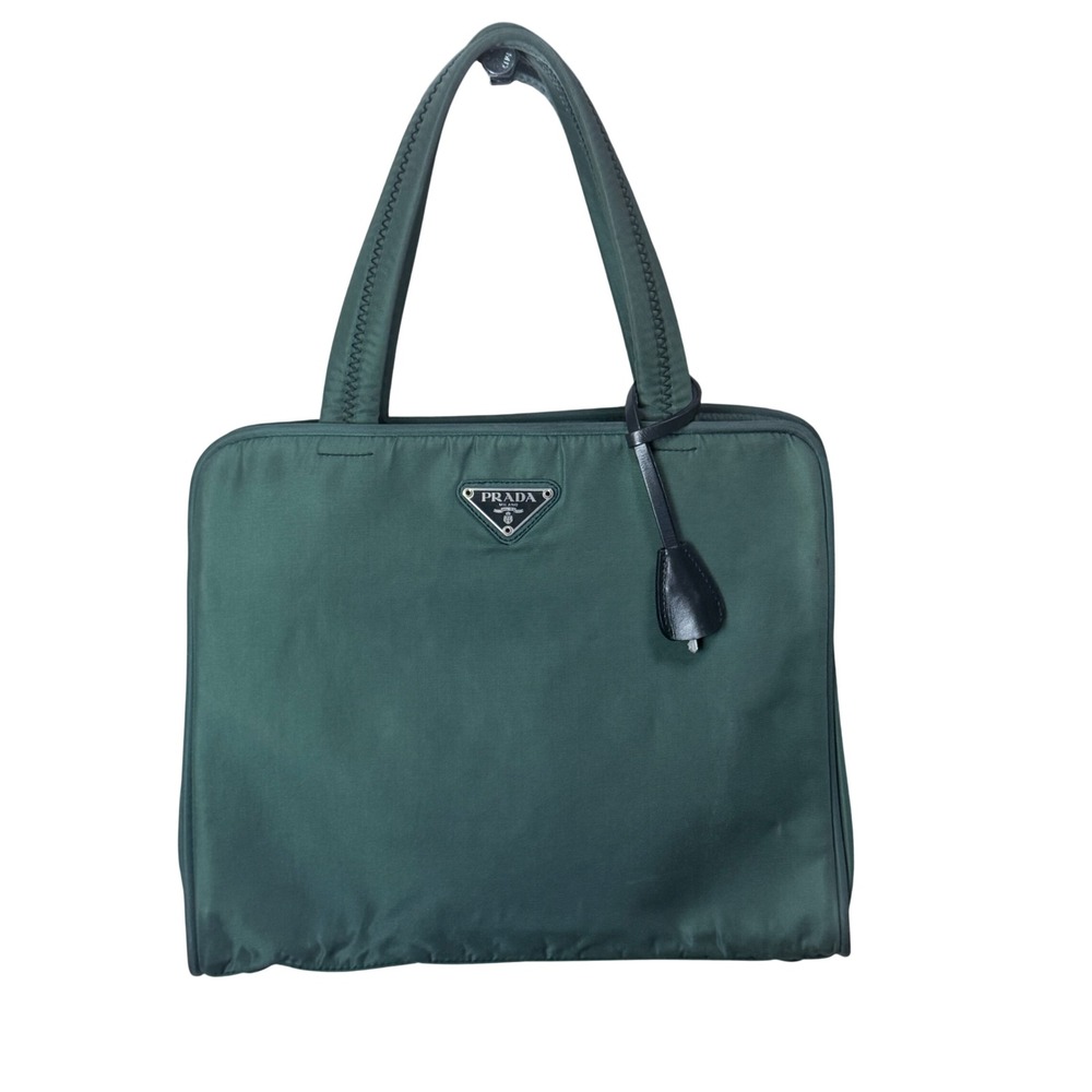 Prada Tessuto Nylon Tote Bag Forest Green Silver‎ Hardware Padlock Clochette